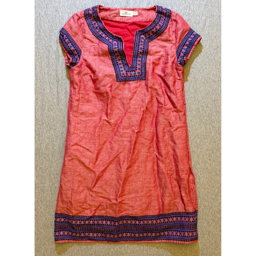 Vineyard Vines Red Linen Cotton Embroidered Split Neck Shift Dress 2Q2271 Size 4